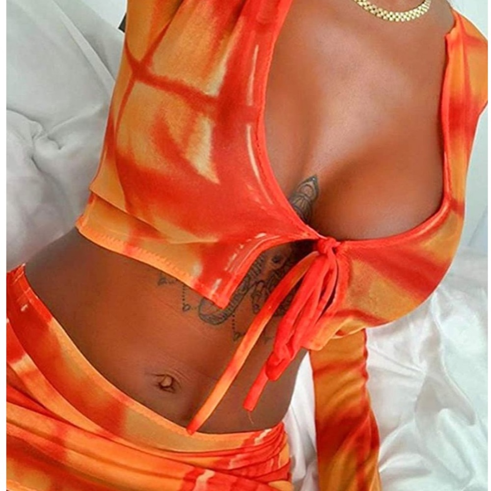 Orange red mesh long sleeve front tie skirt set